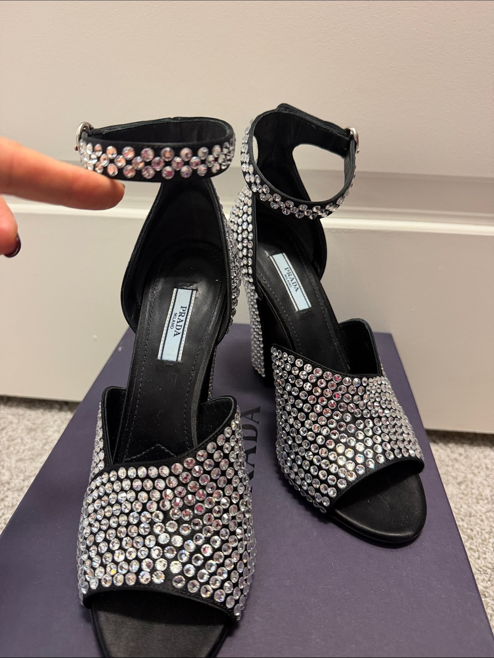 Prada Black Crystal-Studded Open-Toe Ankle Strap Heels - Picture 5 of 6